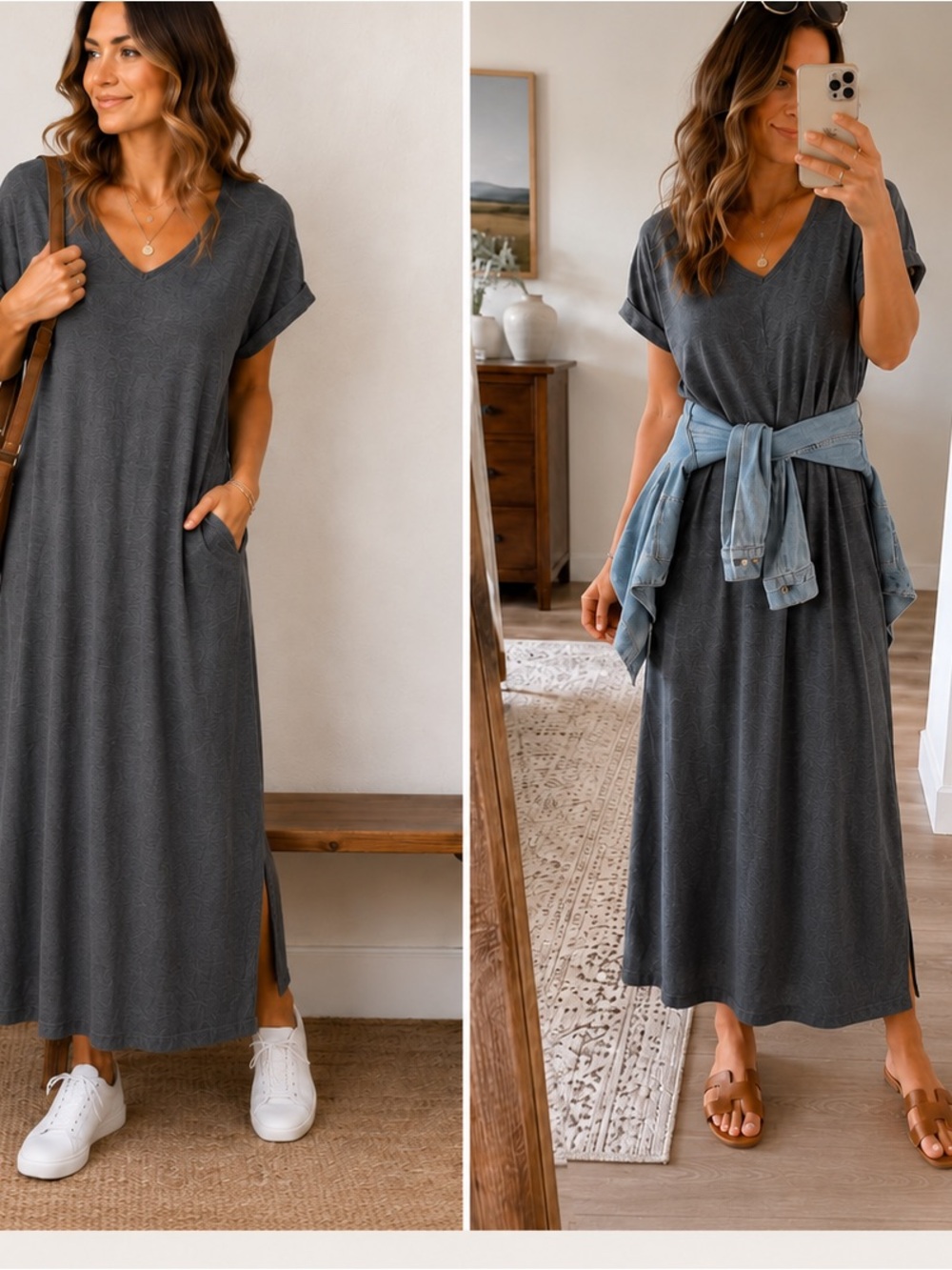 Ekouaer Heather Gray V-Neck T-Shirt Midi Dress Size Large
